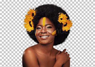 Buy stock photo Portrait, cosmetics and black woman with sunflowers, makeup and confident girl isolated on transparent background. African person, smile and model with plants, aesthetic and nature with face and png