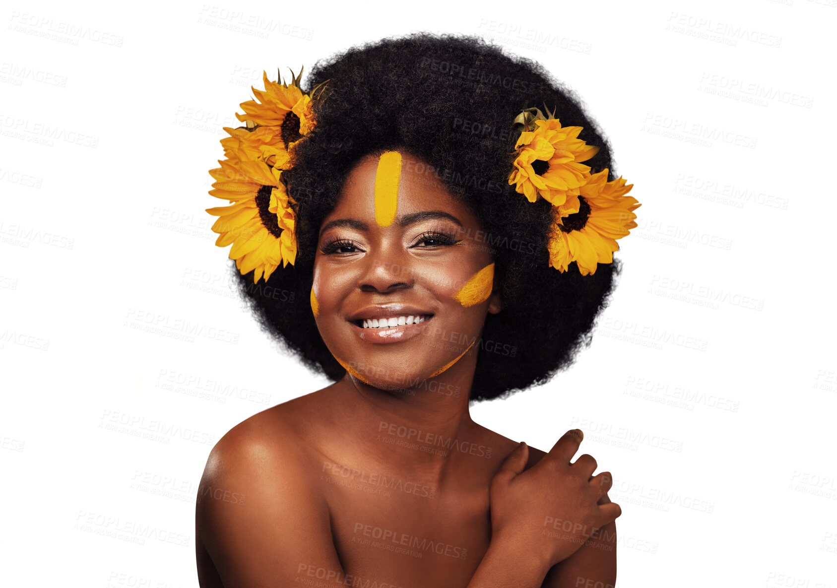 Buy stock photo Portrait, cosmetics and black woman with sunflowers, makeup and confident girl isolated on transparent background. African person, smile and model with plants, aesthetic and nature with face and png