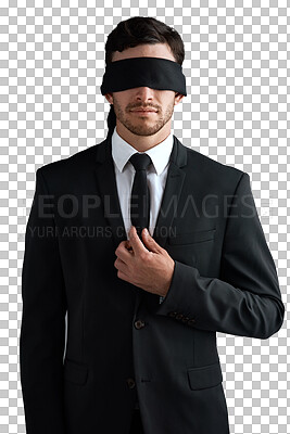 Buy stock photo Business man, blindfold and serious in a suit isolated on a transparent png background for corporate work. Blind, impairment and professional person with a cover for risk, mystery or censorship