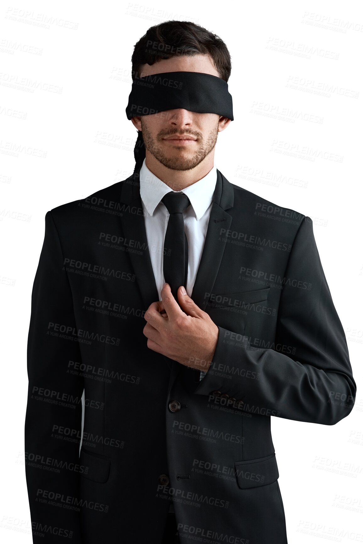 Buy stock photo Business man, blindfold and serious in a suit isolated on a transparent png background for corporate work. Blind, impairment and professional person with a cover for risk, mystery or censorship