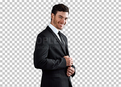 Buy stock photo Fashion suit, portrait and professional happy man confident in formal tuxedo, menswear style or work wear clothes for dress code. Smile, fancy outfit and agent isolated on transparent, png background