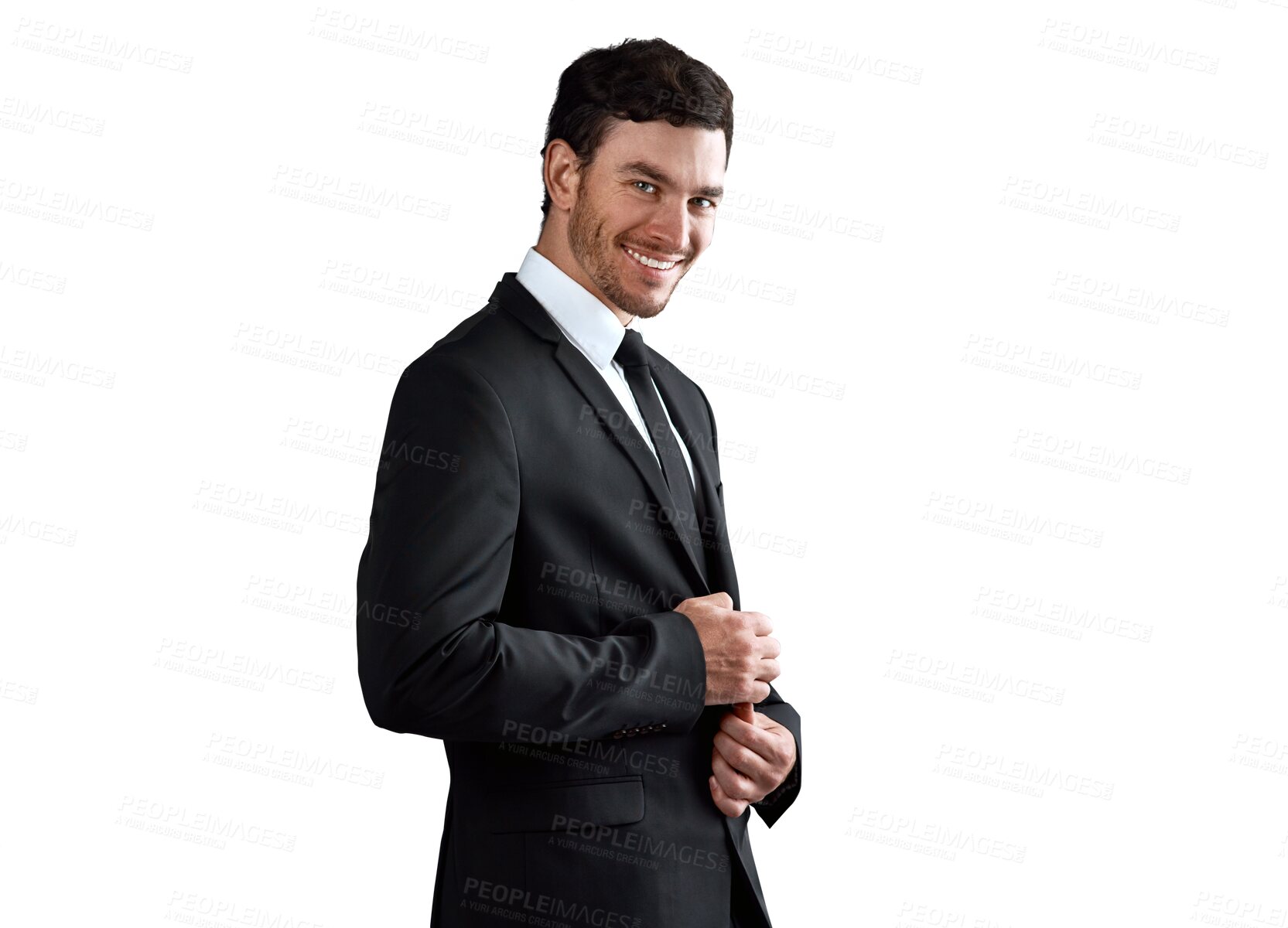 Buy stock photo Fashion suit, portrait and professional happy man confident in formal tuxedo, menswear style or work wear clothes for dress code. Smile, fancy outfit and agent isolated on transparent, png background