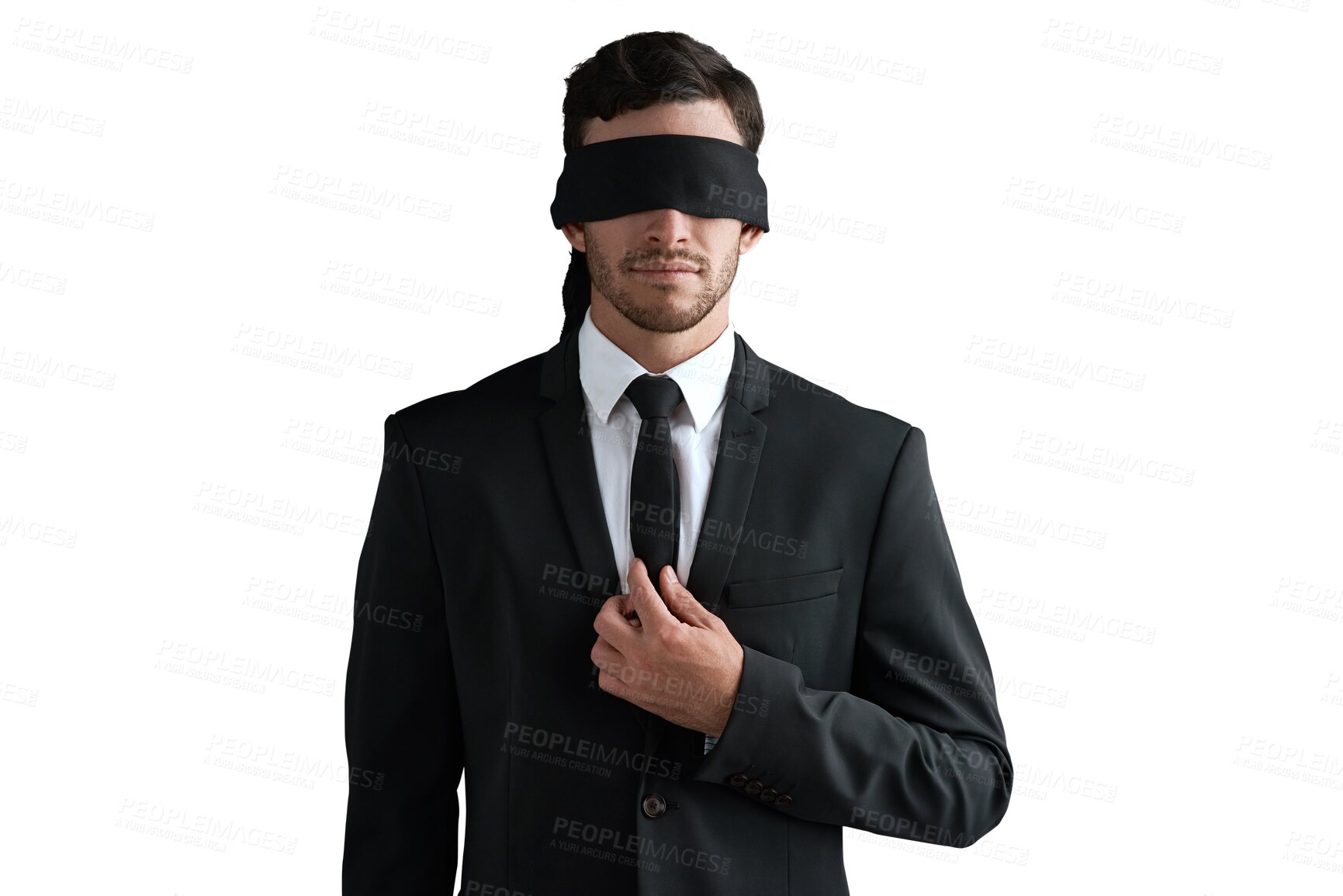 Buy stock photo Business man, serious and blindfold with a suit isolated on a transparent png background for corporate work. Blind, impairment and professional person with a cover for risk, mystery or censorship