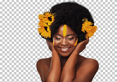 Buy stock photo Makeup, face and happy black woman with sunflower on isolated, transparent or png background. Flower, beauty and African model smile with luxury wellness, eco friendly or natural cosmetic care