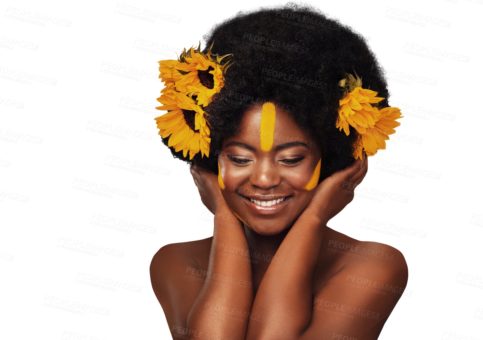 Buy stock photo Makeup, face and happy black woman with sunflower on isolated, transparent or png background. Flower, beauty and African model smile with luxury wellness, eco friendly or natural cosmetic care