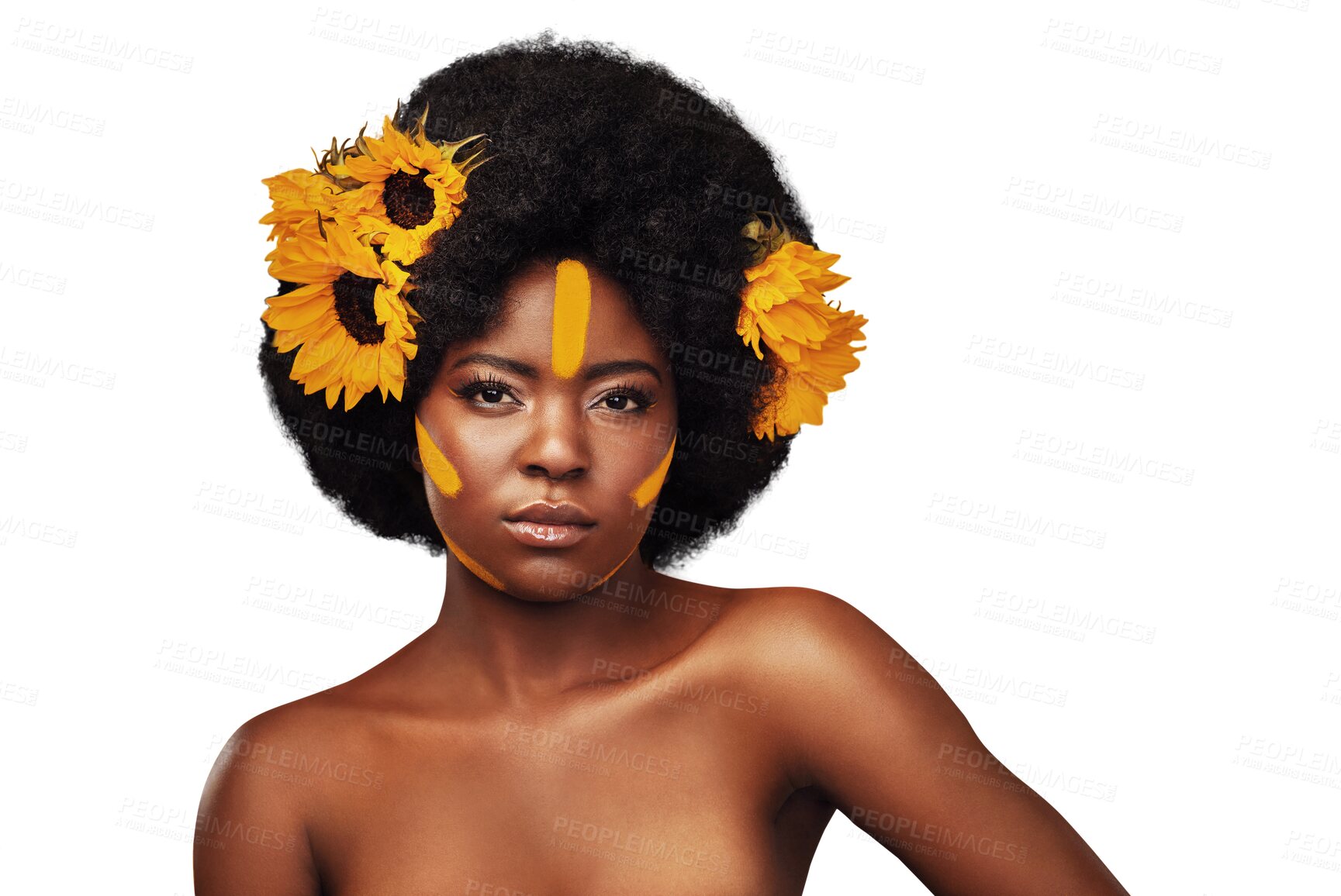 Buy stock photo Makeup, portrait and serious black woman with sunflower on isolated, transparent or png background. Flower, beauty or face of model with attitude, luxury or wellness, eco friendly or natural cosmetic