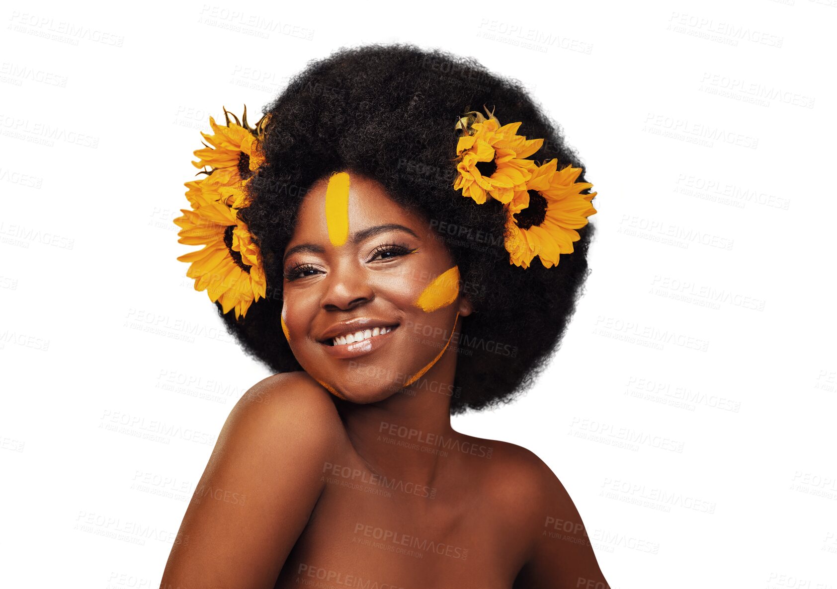 Buy stock photo Thinking, cosmetics or black woman with sunflowers, portrait or luxury isolated on transparent background. African person, wellness or model with plants, aesthetic or skincare with happiness or png