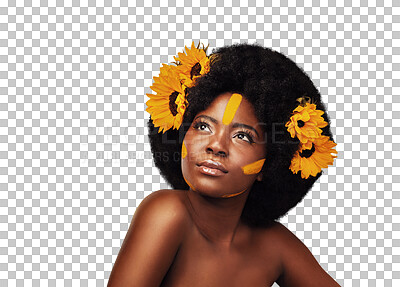 Buy stock photo Thinking, luxury or black woman with sunflowers, makeup or confident girl isolated on transparent background. African person, shine or model with aesthetic, plant or facial with wellness, glow or png