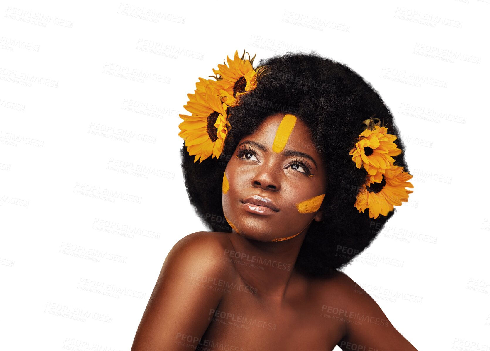 Buy stock photo Thinking, luxury or black woman with sunflowers, makeup or confident girl isolated on transparent background. African person, shine or model with aesthetic, plant or facial with wellness, glow or png