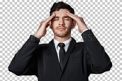 Buy stock photo Headache, mental health and business man stress over company mistake, corporate disaster or work burnout. Migraine pain, overwhelmed and person massage head isolated on transparent, png background