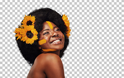 Buy stock photo Thinking, cosmetics or black woman with sunflowers, smile or wellness isolated on transparent background. African person, shine or model with plants, aesthetic or facial with happiness, glow or png