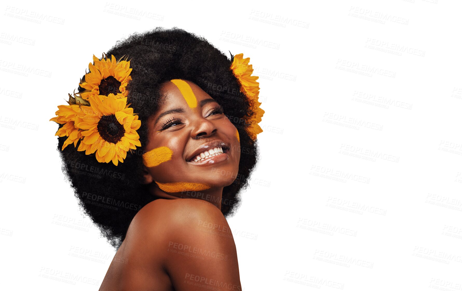 Buy stock photo Thinking, cosmetics or black woman with sunflowers, smile or wellness isolated on transparent background. African person, shine or model with plants, aesthetic or facial with happiness, glow or png