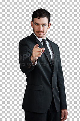 Buy stock photo Businessman, pointing or portrait for confident professional, choice or recruitment decision. Person, entrepreneur or face with finger emoji for opportunity or isolated on transparent png background