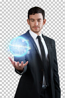 Buy stock photo Professional man, 3d hologram and global network connection, world expansion or worldwide innovation. Virtual Earth globe, planet palm gesture or telecom agent isolated on transparent, png background