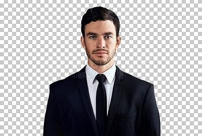 Buy stock photo Businessman, confident or portrait with professional, fashion suit or corporate career. Young guy, entrepreneur or serious face for job pride with ambition and isolated on transparent png background