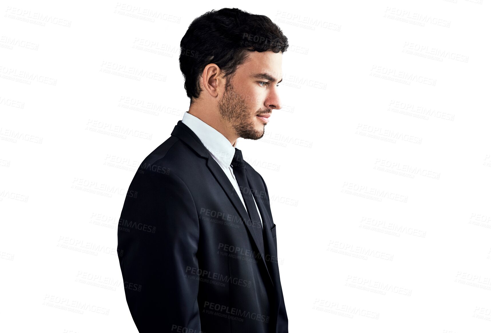 Buy stock photo Profile, businessman and thinking of idea, future and investment for financial growth. German person, male manager or boss in formal, suit or clothes on isolated or transparent png background fashion