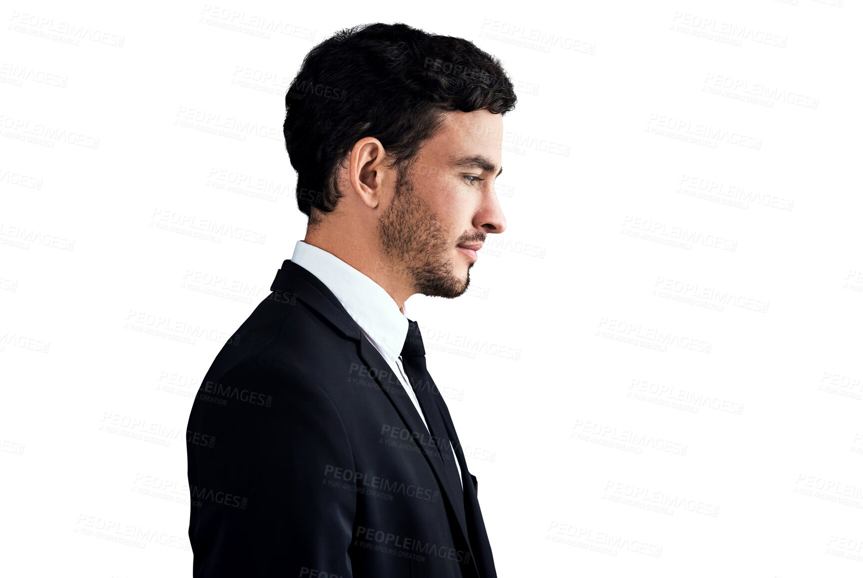 Buy stock photo Profile, businessman and serious with vision for future, investment or financial growth for retirement. German person, male manager and idea in formal suit on isolated or transparent png background