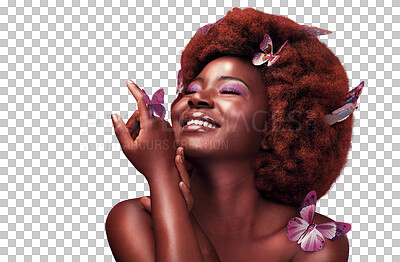 Buy stock photo Black woman, beauty and butterflies cosmetics in hair, makeup and happy with natural glow for relax wellness. African model, smile and confident with care and isolated on transparent png background