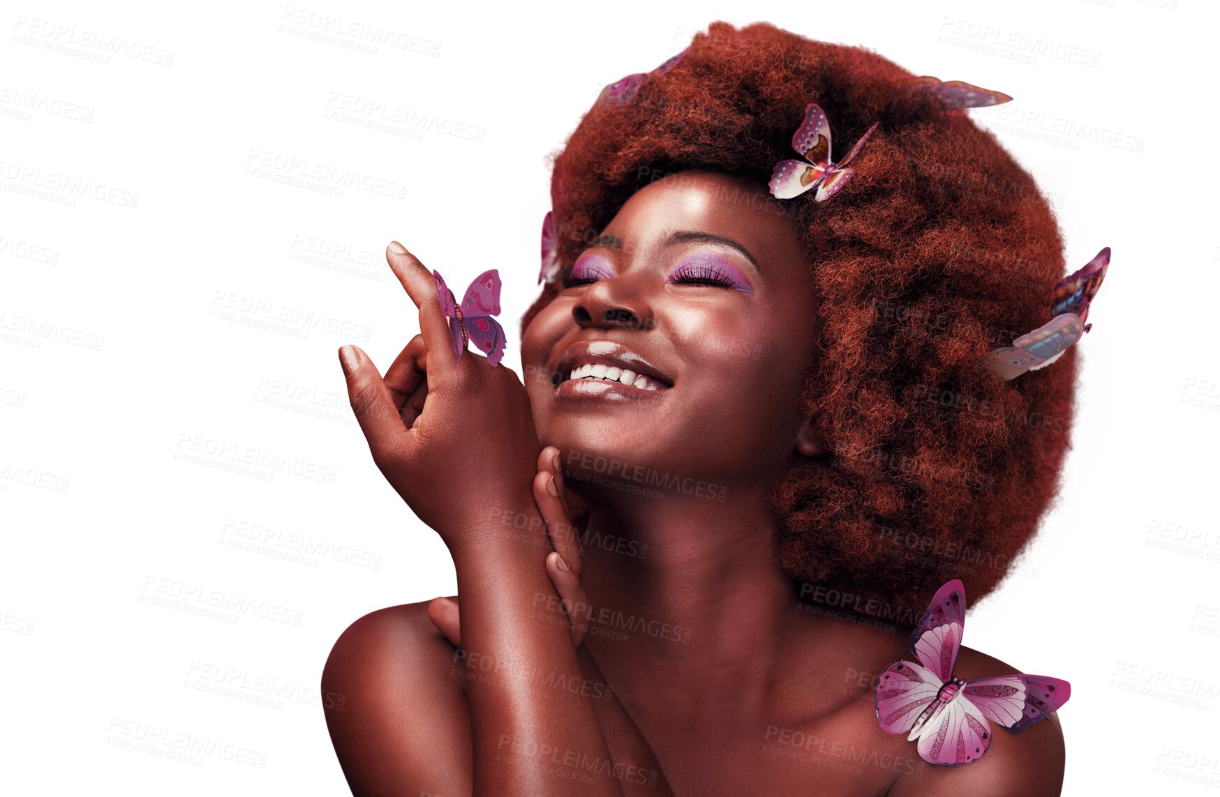 Buy stock photo Black woman, beauty and butterflies cosmetics in hair, makeup and happy with natural glow for relax wellness. African model, smile and confident with care and isolated on transparent png background