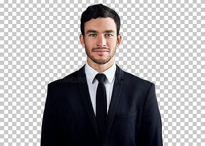 Buy stock photo Businessman, happy and portrait for confident professional, dedication and corporate career. Young guy, entrepreneur and face with job pride with ambition and isolated on transparent png background