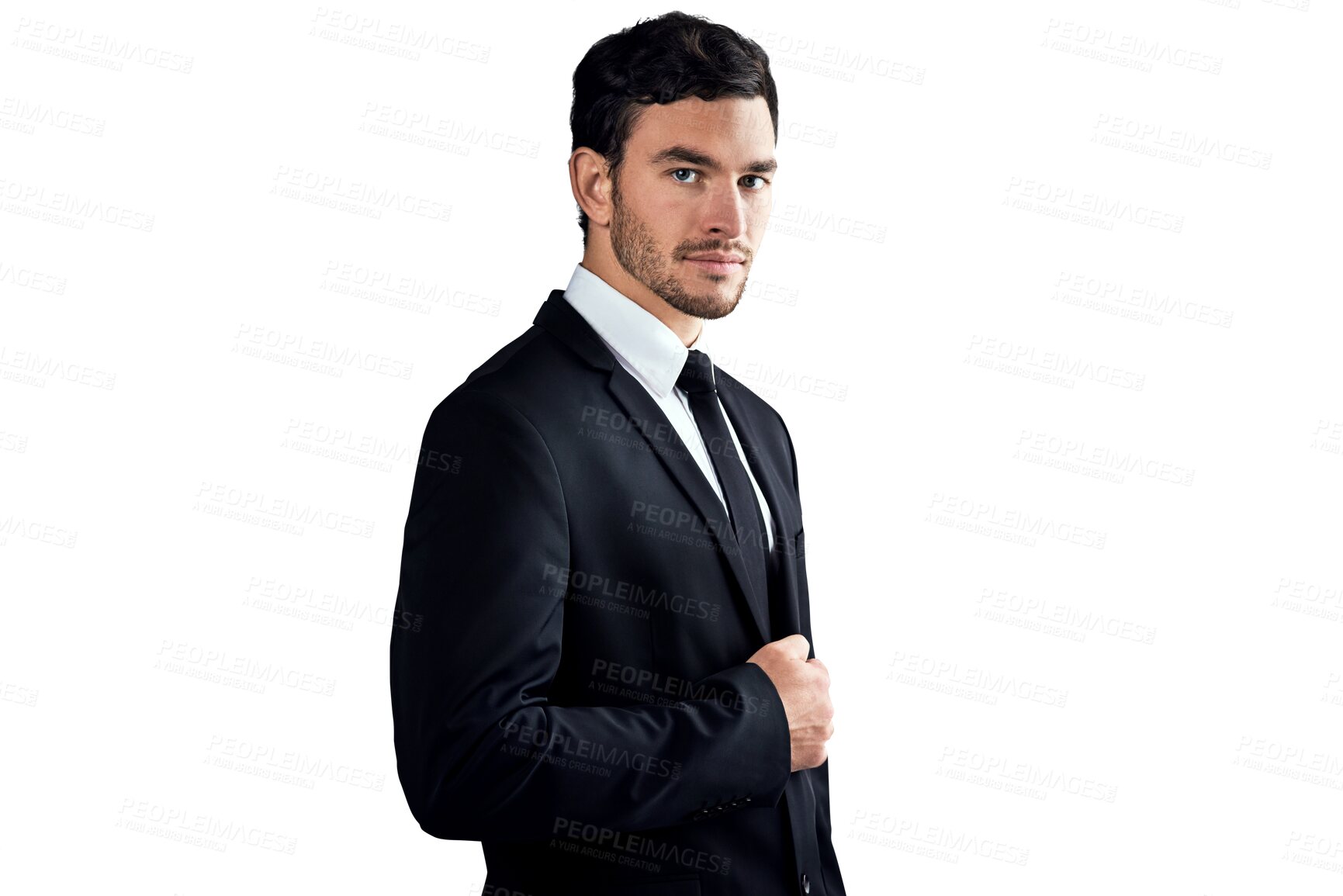 Buy stock photo Fashion suit, portrait and professional man confident in formal tuxedo, menswear style or evening wear clothes for dress code. Classy, fancy outfit or salesman isolated on transparent, png background