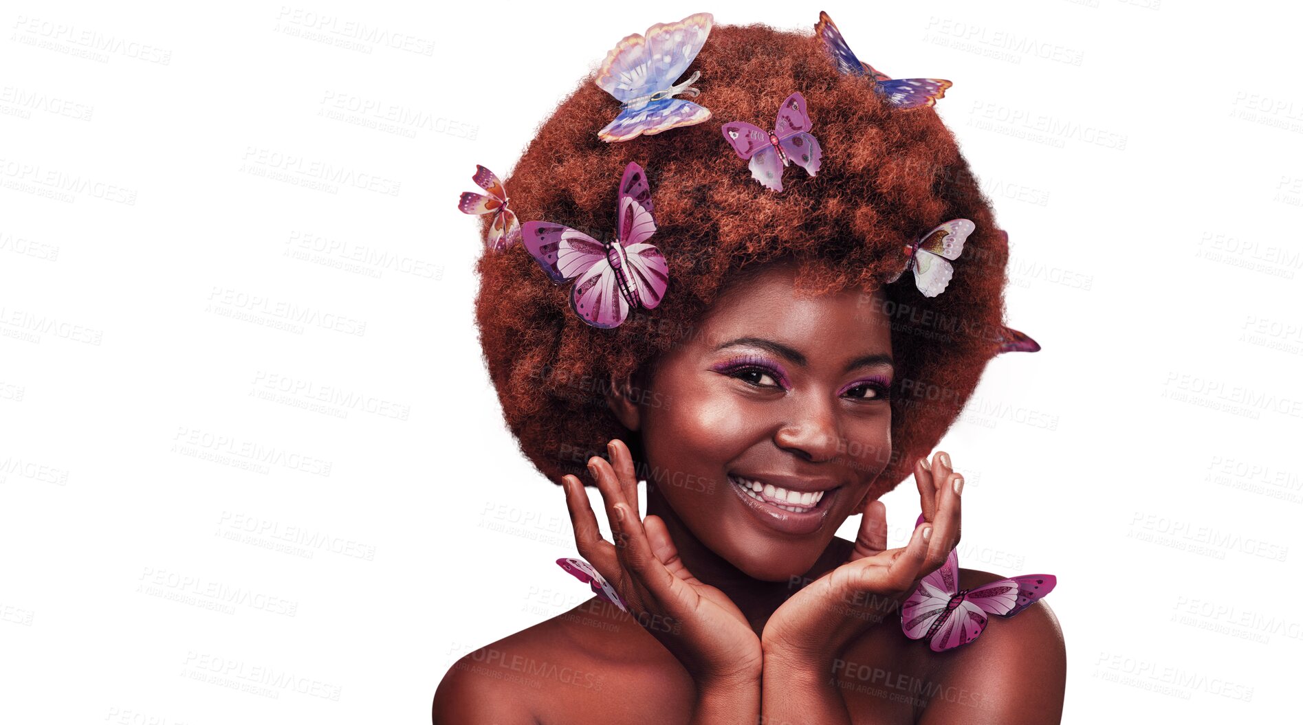 Buy stock photo Black woman, portrait and makeup with butterflies in hair, cosmetics and happy with natural glow for relax wellness. African model, face and confident smile and isolated on transparent png background