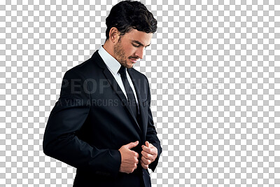 Buy stock photo Fashion suit, business and man fix formal tuxedo, professional jacket or clothes for work wear, dress code or style. Menswear, fancy outfit and businessman isolated on transparent, png background