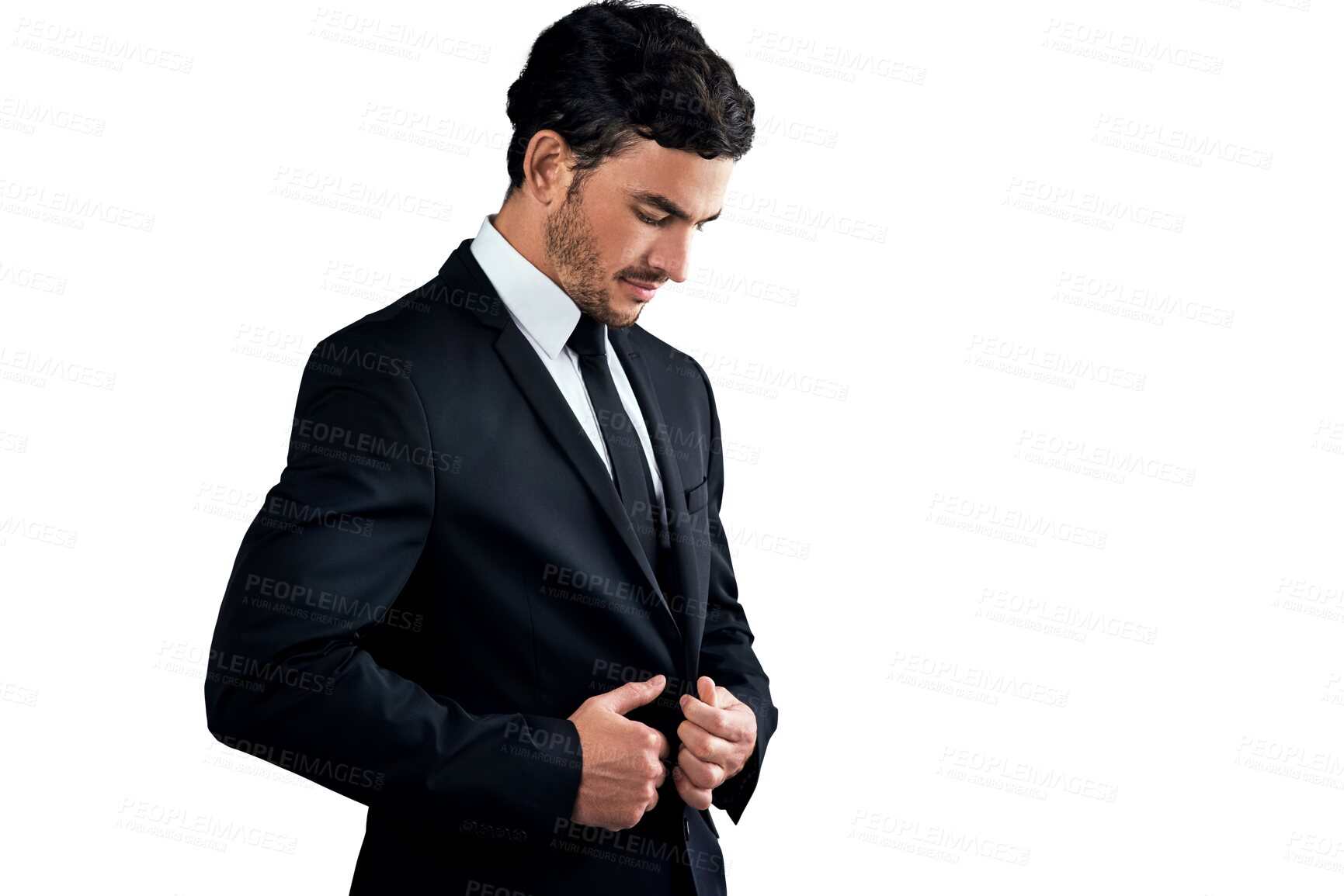 Buy stock photo Fashion suit, business and man fix formal tuxedo, professional jacket or clothes for work wear, dress code or style. Menswear, fancy outfit and businessman isolated on transparent, png background