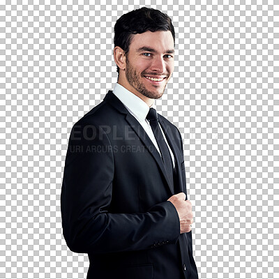 Buy stock photo Fashion suit, portrait and happy corporate man confident in formal tuxedo, menswear style or evening wear clothes. Classy, fancy outfit and stylish model smile isolated on transparent, png background