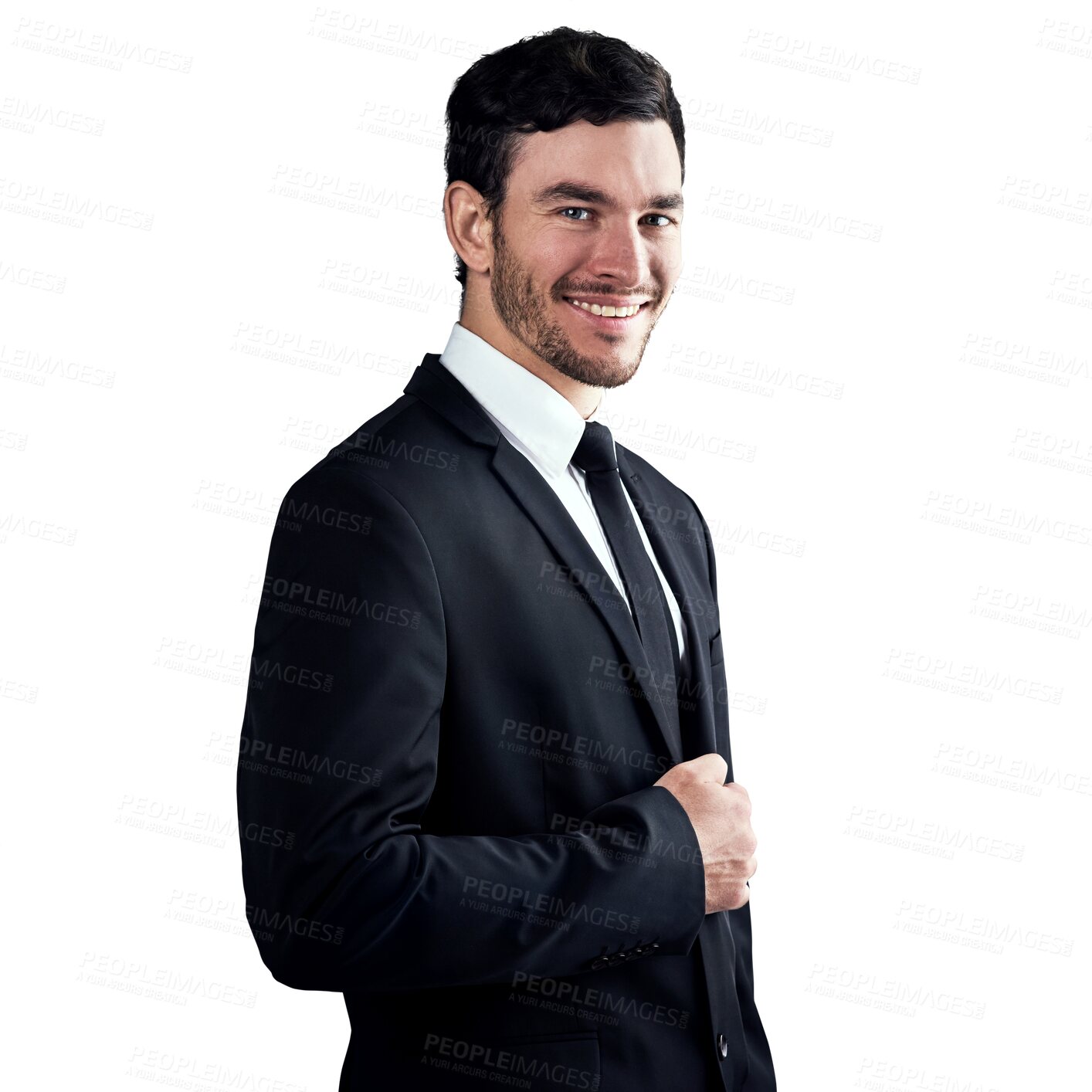 Buy stock photo Fashion suit, portrait and happy corporate man confident in formal tuxedo, menswear style or evening wear clothes. Classy, fancy outfit and stylish model smile isolated on transparent, png background