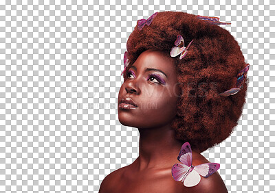 Buy stock photo Black model, beauty and makeup with butterflies in hair, cosmetics and serious with natural glow for relax wellness. African woman, creative and confident and isolated on transparent png background