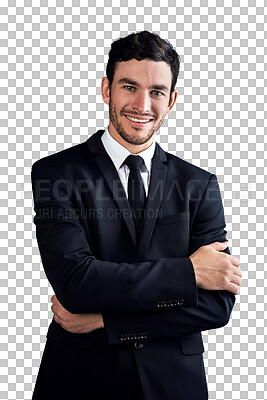 Buy stock photo Fashion suit, arms crossed and business portrait of happy man, realtor or property developer confident in work wear clothes. Dress code, style and formal agent isolated on transparent, png background