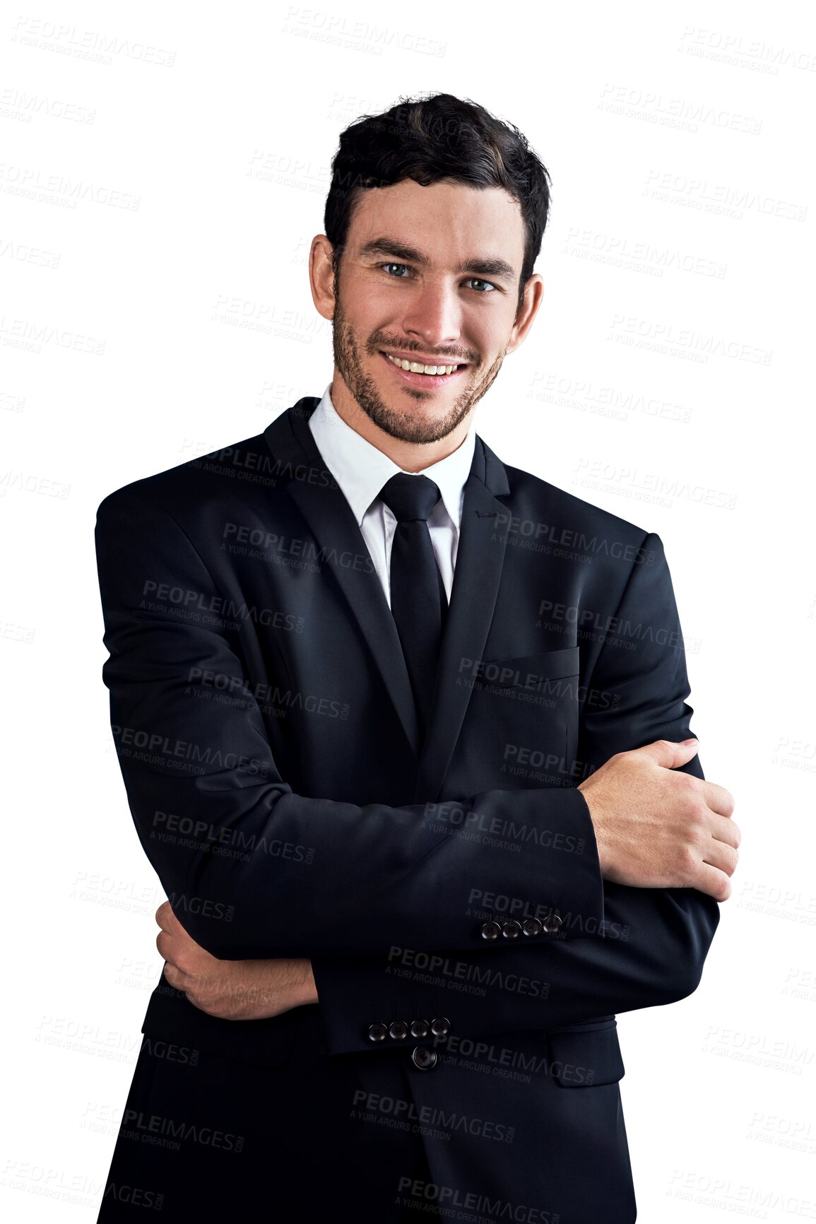 Buy stock photo Fashion suit, arms crossed and business portrait of happy man, realtor or property developer confident in work wear clothes. Dress code, style and formal agent isolated on transparent, png background