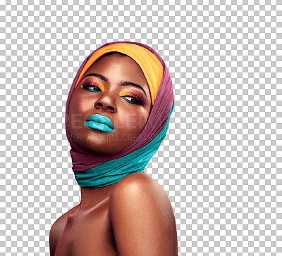 Buy stock photo Black model, beauty and color cosmetics with scarf, make up and confident with trendy style for creative art. African woman, culture and pride with fashion and isolated on transparent png background