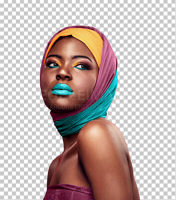 Buy stock photo Black woman, beauty and color cosmetics with scarf, make up and confident with trendy style for creative art. African model, culture and pride with fashion and isolated on transparent png background