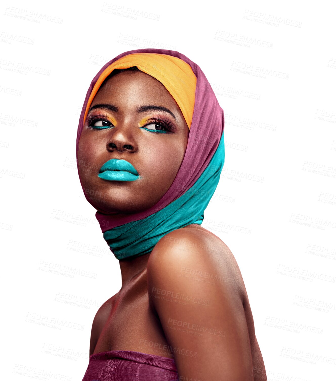 Buy stock photo Black woman, beauty and color cosmetics with scarf, make up and confident with trendy style for creative art. African model, culture and pride with fashion and isolated on transparent png background