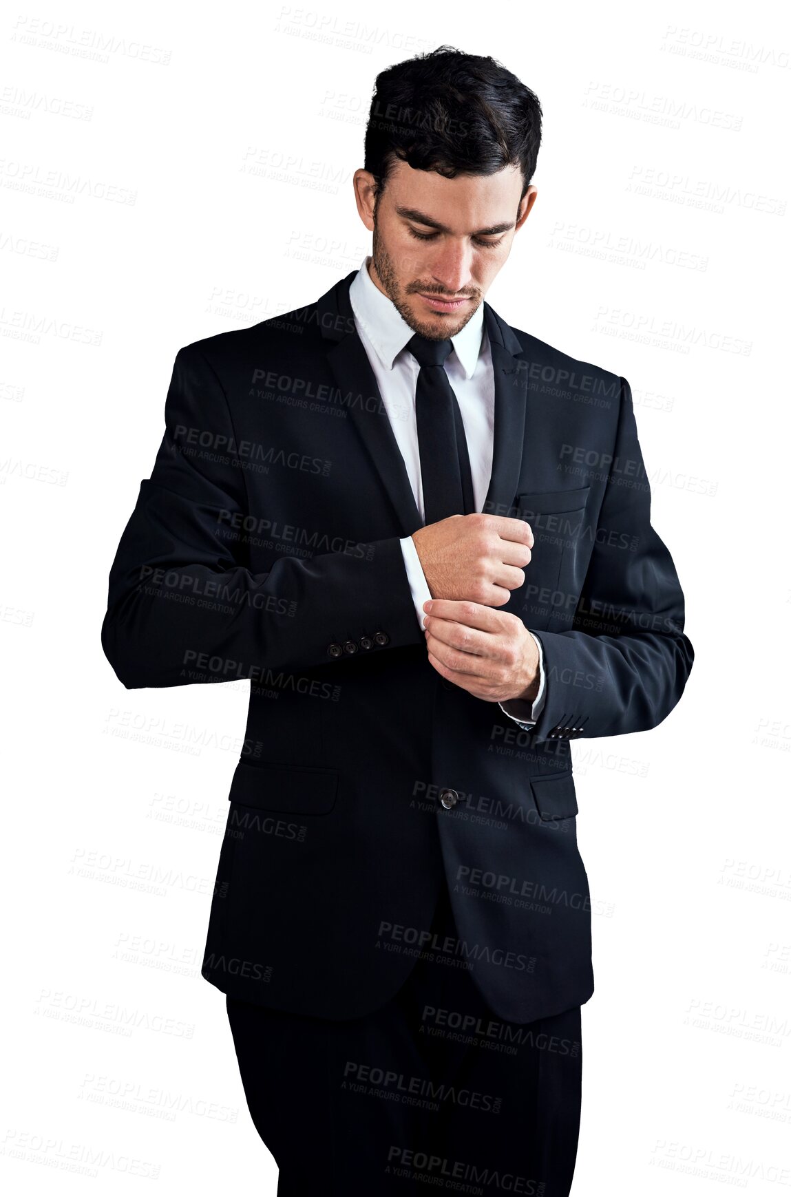 Buy stock photo Businessman, worker and serious to fixing shirt, consultant and professional isolated on transparent png background. Young, proud for career, financial clerk and man for startup, alone and corporate
