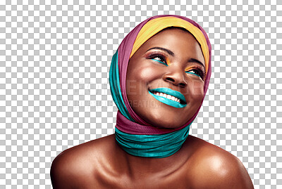 Buy stock photo Black woman, smile or color cosmetics in scarf, make up or confident with trendy style for creative art. African, model or culture with head wrap in fashion or isolated on transparent png background