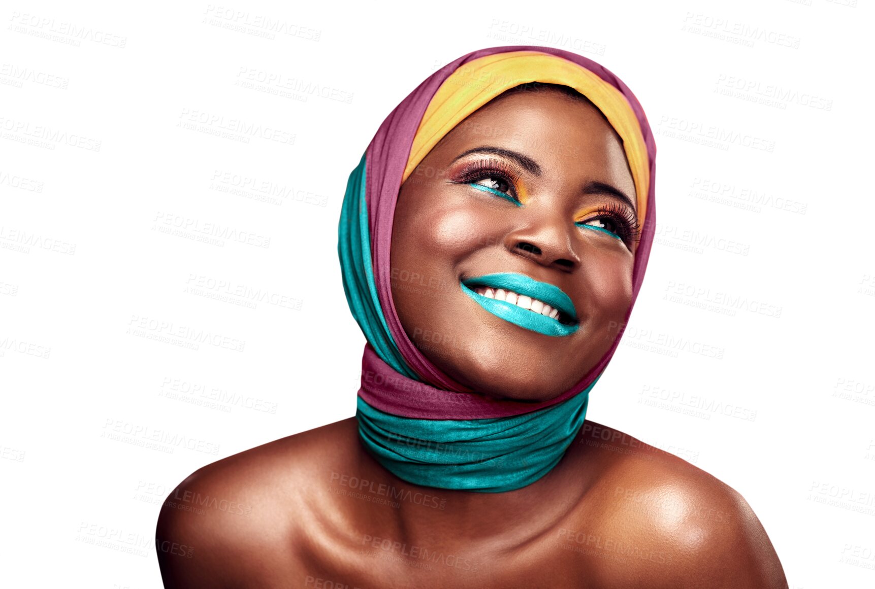Buy stock photo Black woman, smile or color cosmetics in scarf, make up or confident with trendy style for creative art. African, model or culture with head wrap in fashion or isolated on transparent png background