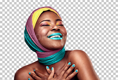 Buy stock photo Black model, smile or color cosmetics in scarf, make up or confident with trendy style for creative art. African, woman or culture with head wrap in fashion or isolated on transparent png background