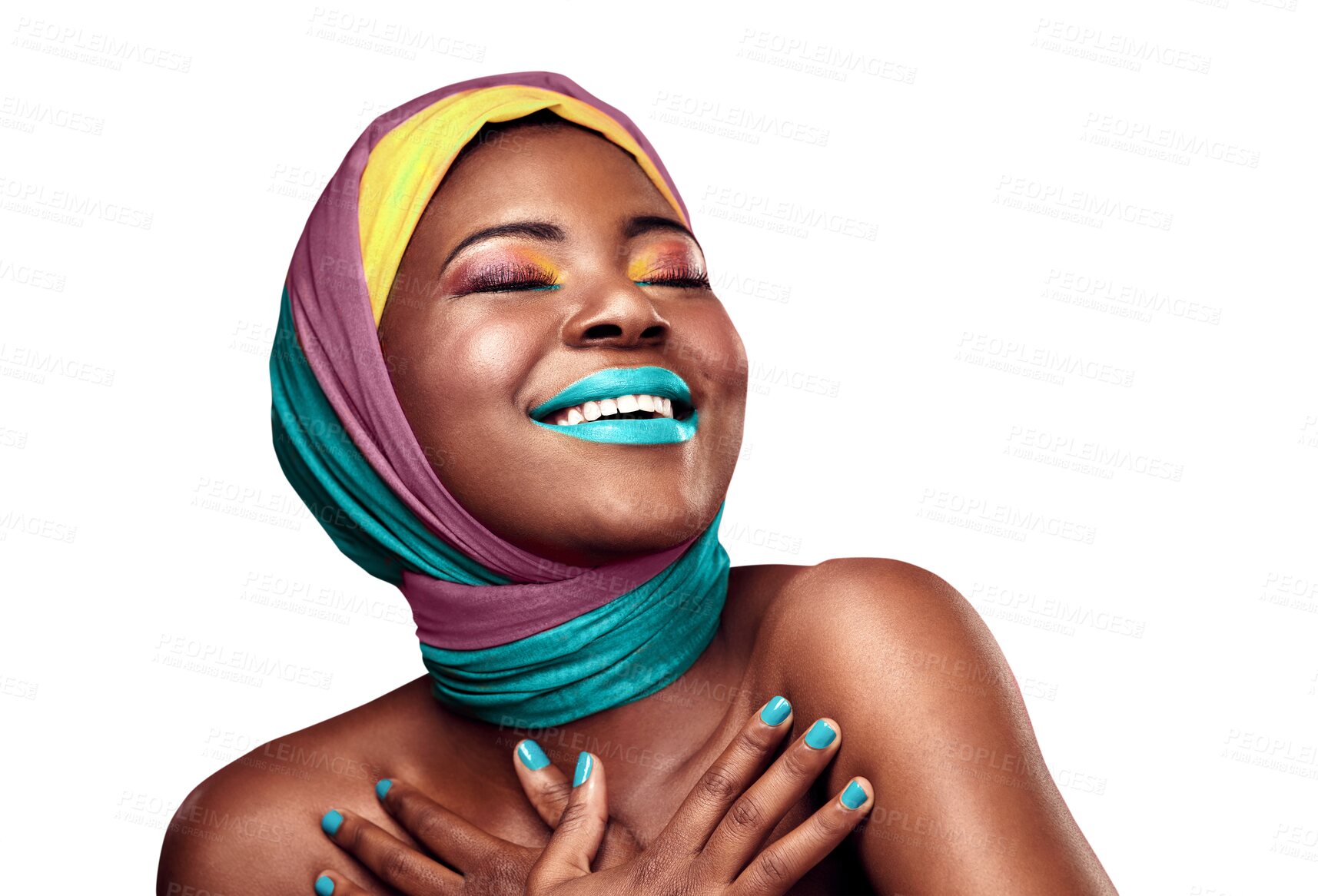 Buy stock photo Black model, smile or color cosmetics in scarf, make up or confident with trendy style for creative art. African, woman or culture with head wrap in fashion or isolated on transparent png background