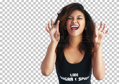 Buy stock photo Happy woman, portrait and cat hands for surprise or flirt isolated on a transparent PNG background. Attractive or crazy female person or model smile in flirty, humor or funny meow facial expression