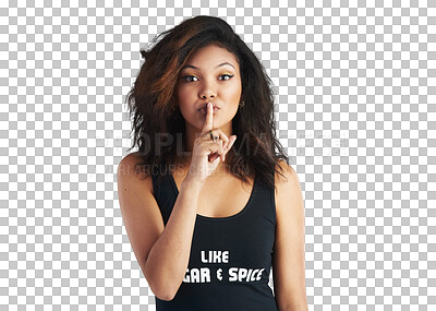 Buy stock photo Woman, portrait and secret in fashion for gossip, silence or quiet isolated on a transparent PNG background. Face of female person with finger on mouth for voice, confidential or private information