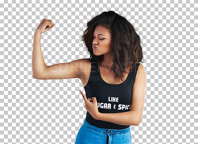 Buy stock photo Fashion, flexing and strong woman isolated on transparent png background pointing at arm muscle. Girl power, confidence and gen z model with casual style, female empowerment and gender equality promo