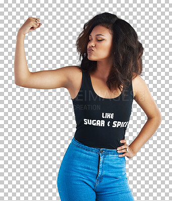 Buy stock photo Girl power, feminism and a woman flexing her arm muscle while isolated on a transparent background. Fitness, pride or empowerment with a confident and strong young person showing her bicep on PNG