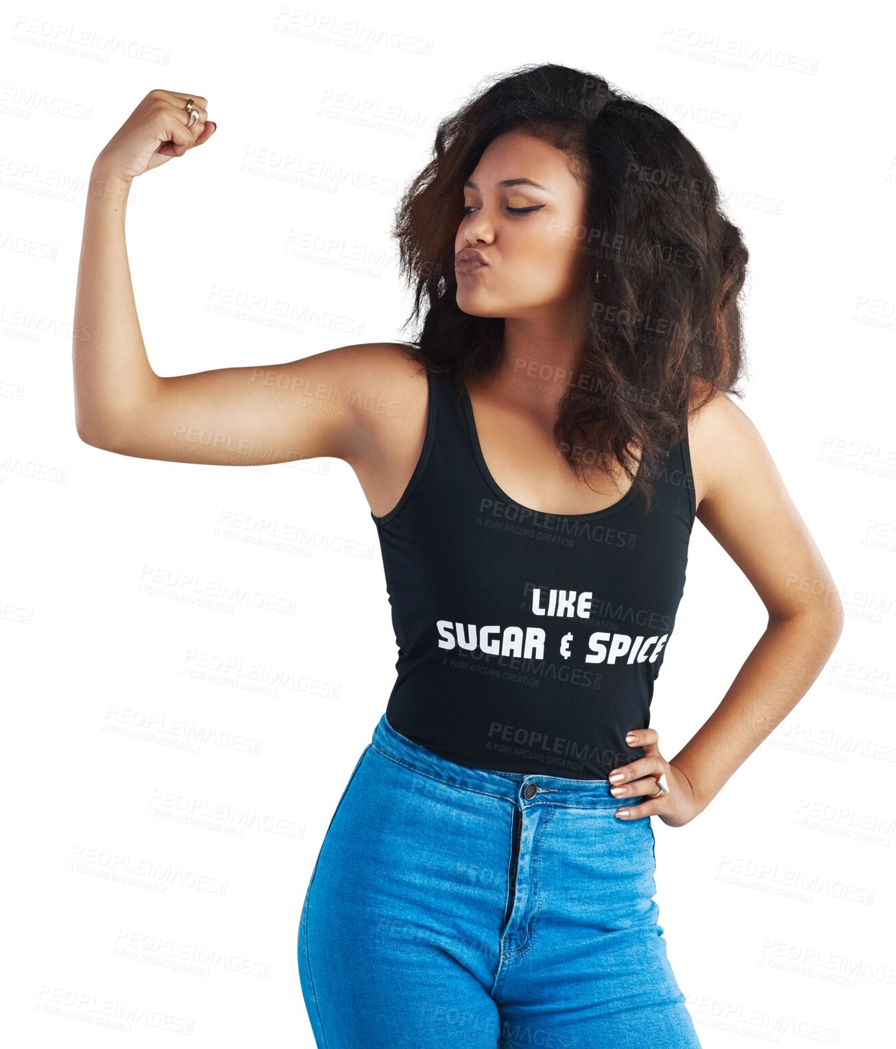 Buy stock photo Girl power, feminism and a woman flexing her arm muscle while isolated on a transparent background. Fitness, pride or empowerment with a confident and strong young person showing her bicep on PNG