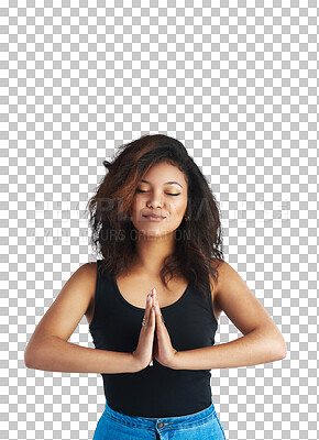 Buy stock photo Happy woman, yoga and zen meditation for inner peace or mental health isolated on a transparent PNG background. Calm female person or yogi with hands together in relax, meditating or healthy wellness