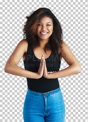 Buy stock photo Happy woman, portrait and yoga with hands together for meditation or inner peace isolated on a transparent PNG background. Calm female person or yogi smile in relax for meditating or healthy wellness