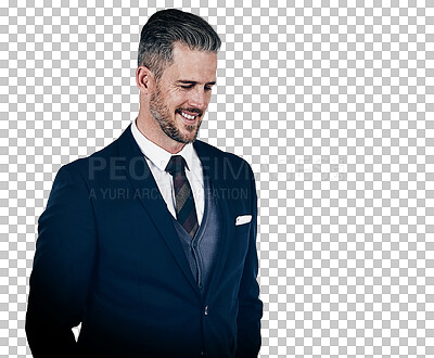 Buy stock photo Smile, corporate and memory with a business man in a formal suit isolated on a transparent background. Thinking, idea and a happy mature professional employee on PNG for a corporate career or job