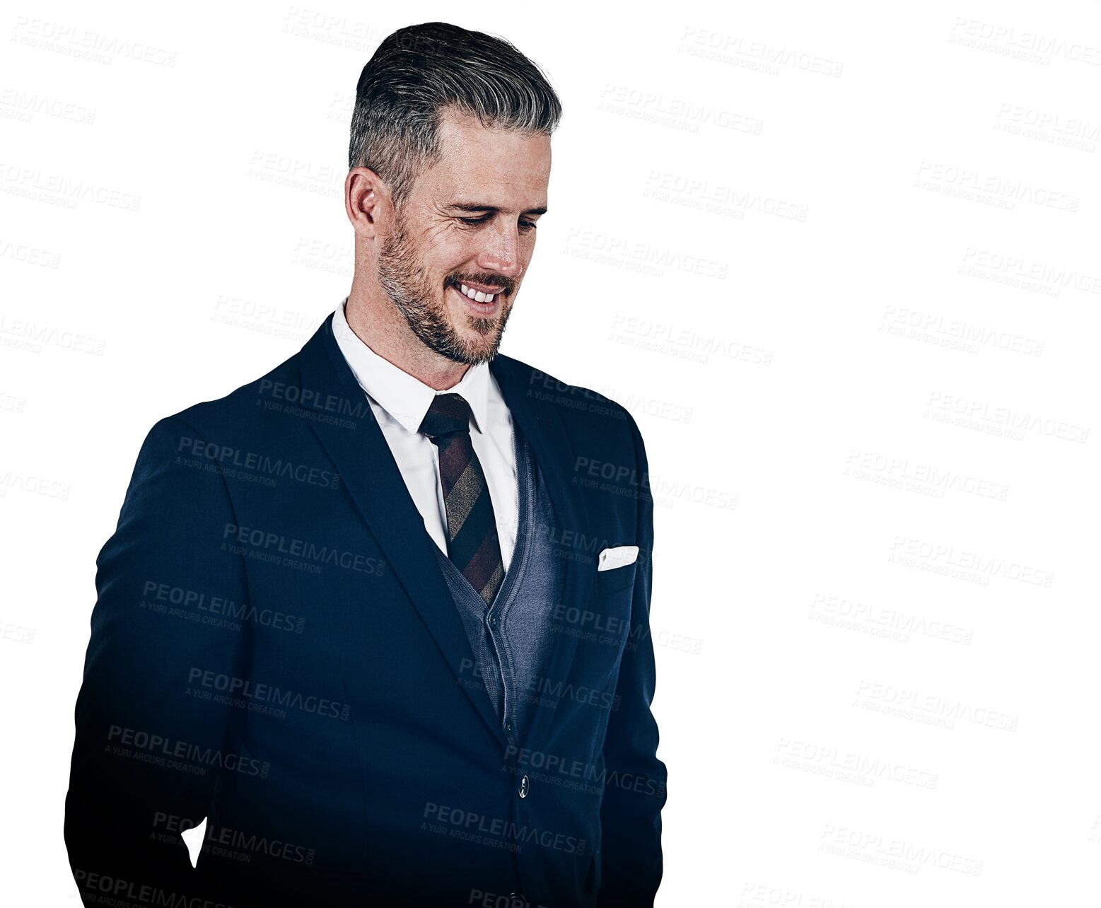 Buy stock photo Smile, corporate and memory with a business man in a formal suit isolated on a transparent background. Thinking, idea and a happy mature professional employee on PNG for a corporate career or job